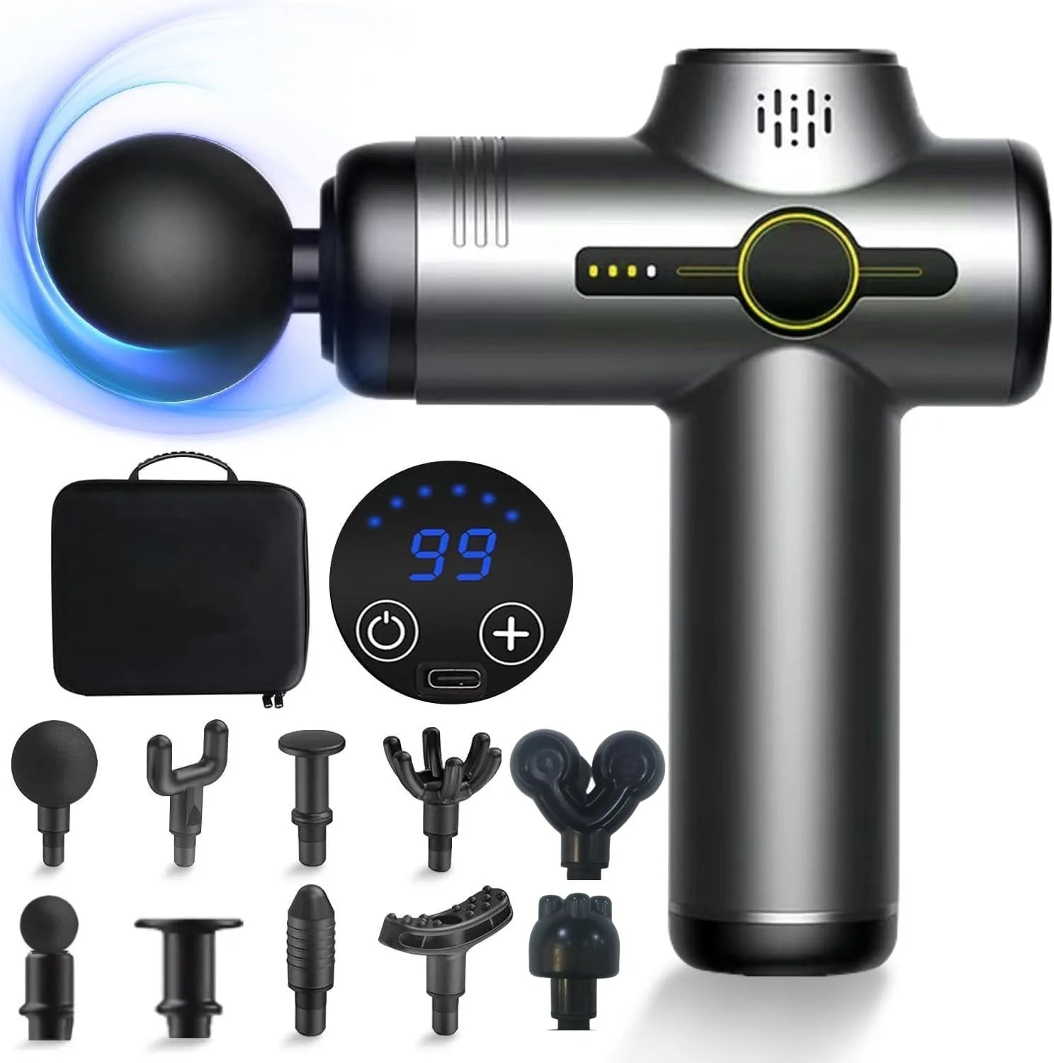 Rechargeable Massage Gun with 99 Adjustable Speeds, 8 Interchangeable Massage Heads, Handheld Massager for Muscle Pain Relief