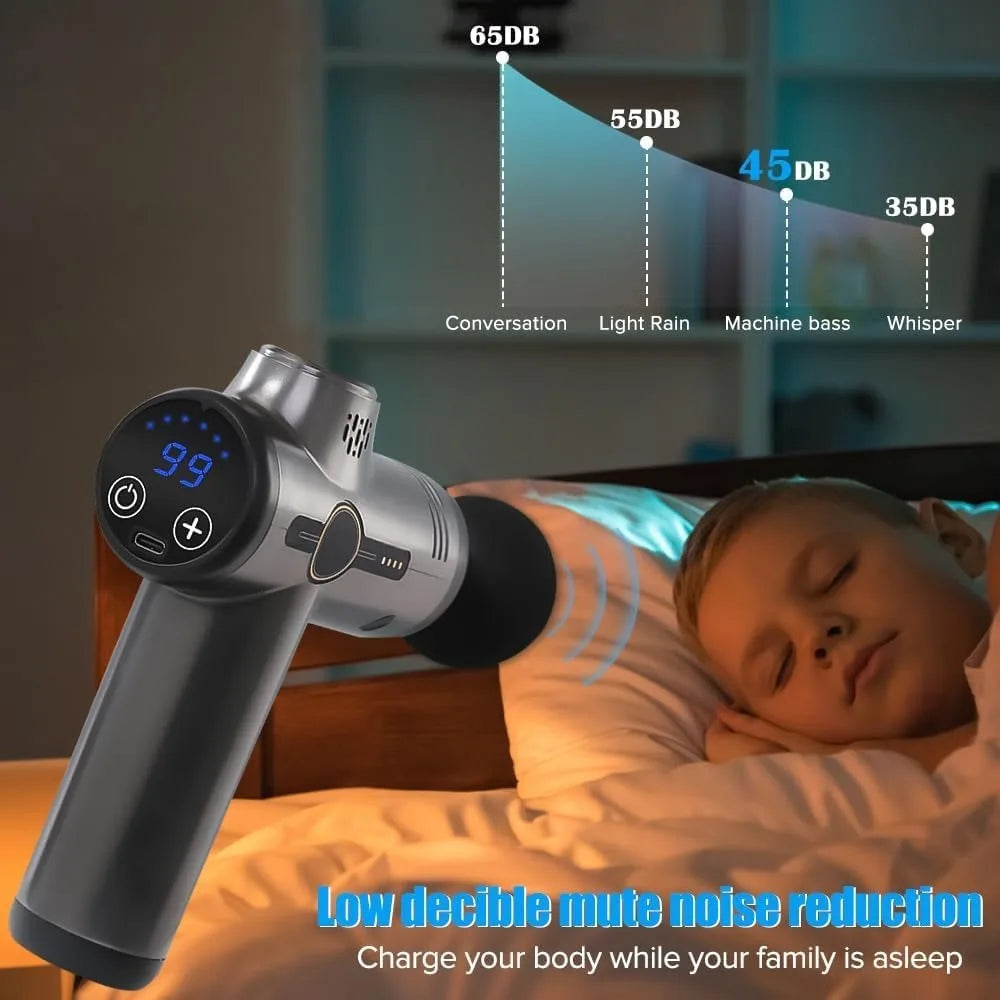 Rechargeable Massage Gun with 99 Adjustable Speeds, 8 Interchangeable Massage Heads, Handheld Massager for Muscle Pain Relief