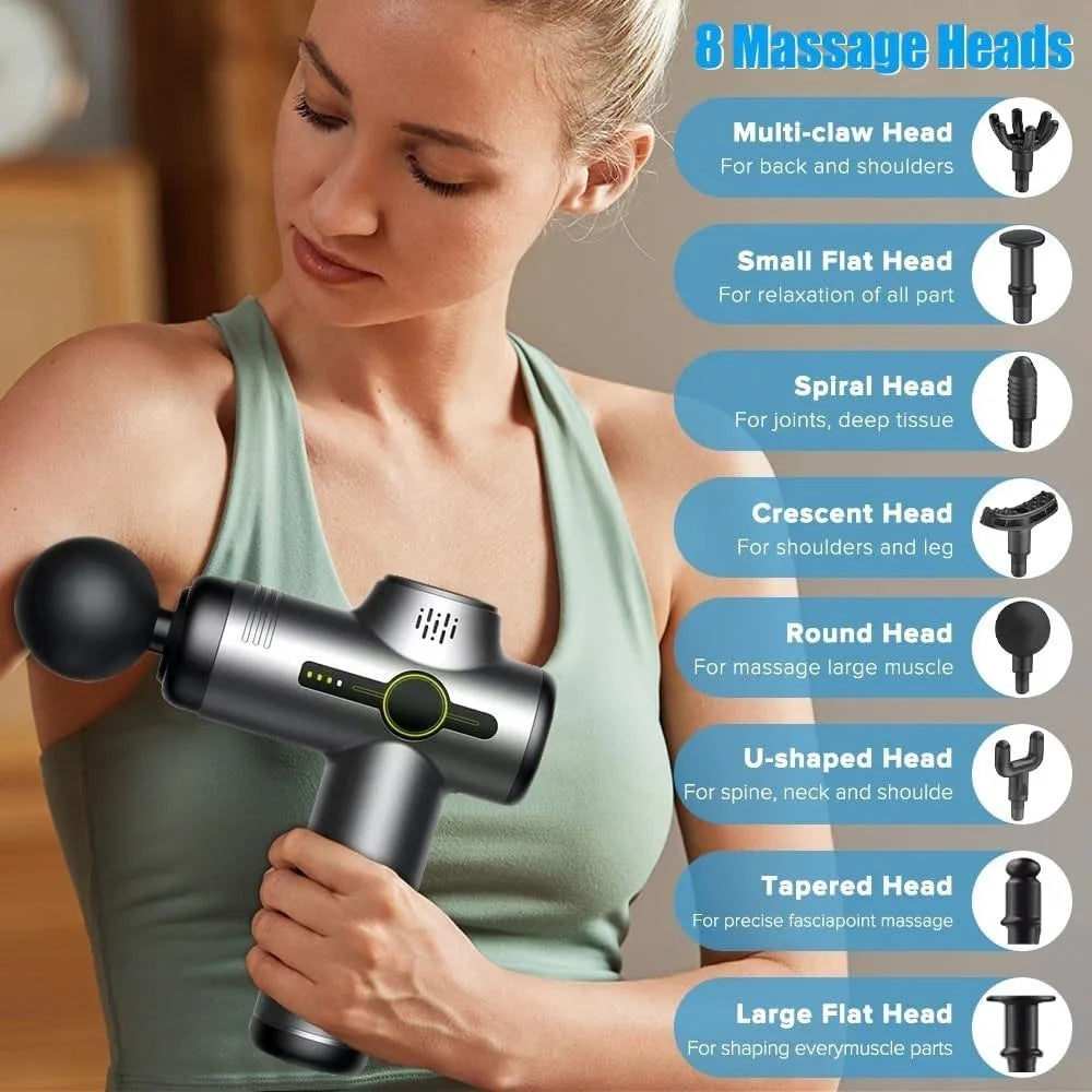 Rechargeable Massage Gun with 99 Adjustable Speeds, 8 Interchangeable Massage Heads, Handheld Massager for Muscle Pain Relief