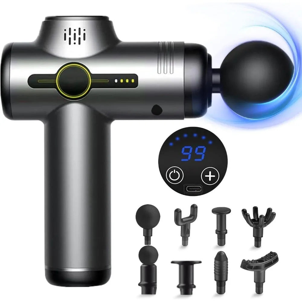 Rechargeable Massage Gun with 99 Adjustable Speeds, 8 Interchangeable Massage Heads, Handheld Massager for Muscle Pain Relief