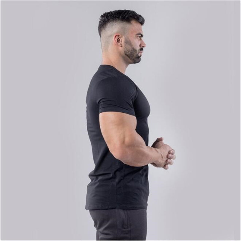 Plain Cotton Gym T-shirt Men Summer Fitness Clothing V-Neck Short Sleeve T shirt Slim Fit Tshirt Bodybuilding Workout Tees Tops