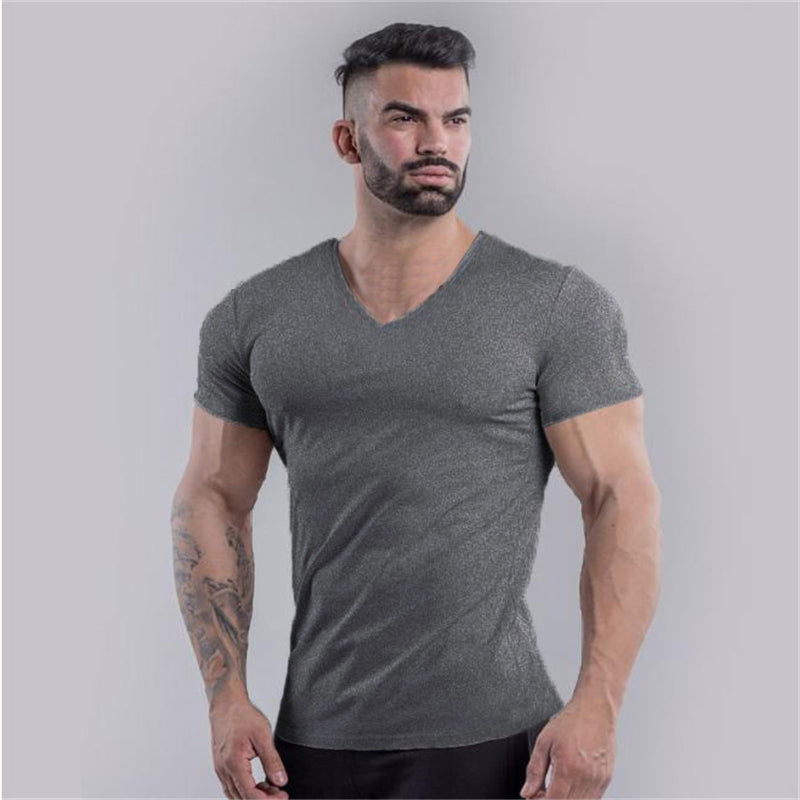 Plain Cotton Gym T-shirt Men Summer Fitness Clothing V-Neck Short Sleeve T shirt Slim Fit Tshirt Bodybuilding Workout Tees Tops