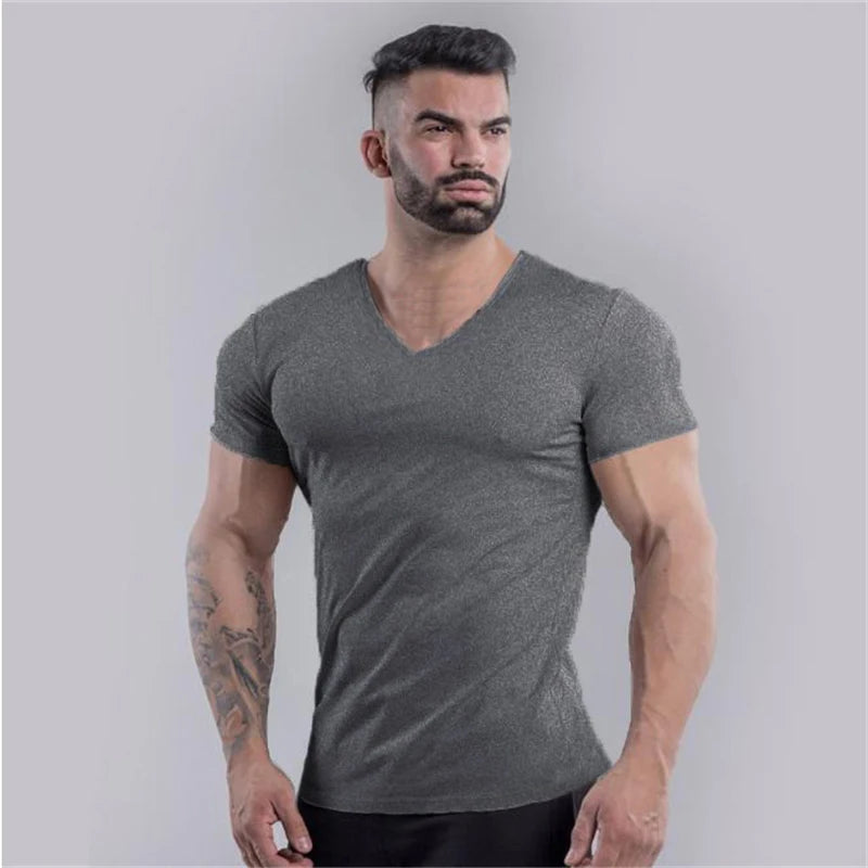 Plain Cotton Gym T-shirt Men Summer Fitness Clothing V-Neck Short Sleeve T shirt Slim Fit Tshirt Bodybuilding Workout Tees Tops
