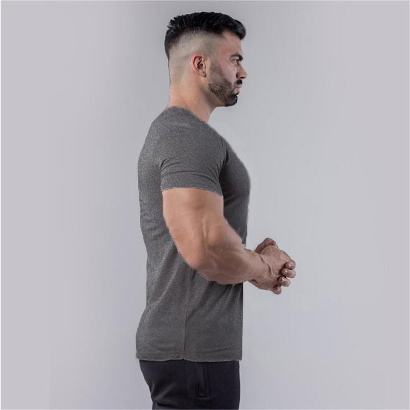Plain Cotton Gym T-shirt Men Summer Fitness Clothing V-Neck Short Sleeve T shirt Slim Fit Tshirt Bodybuilding Workout Tees Tops