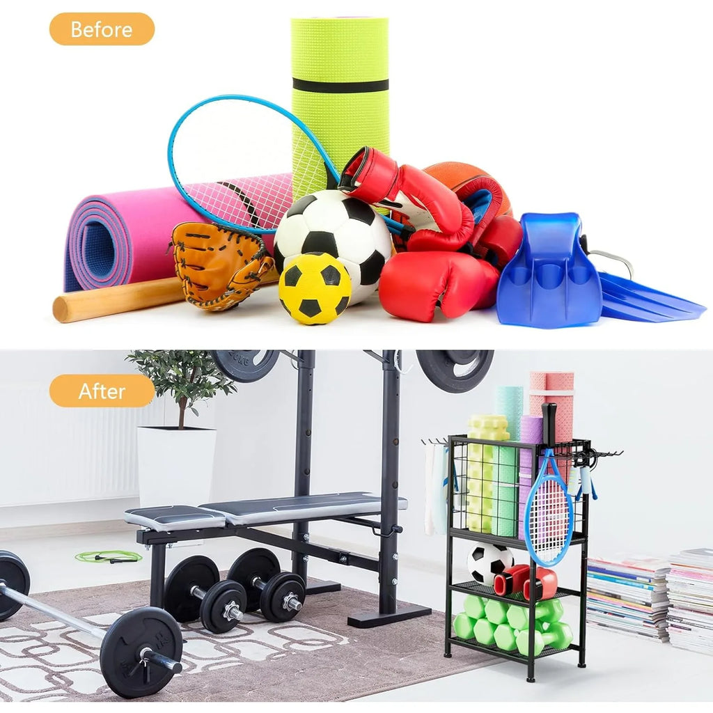 Home Gym Weight Rack with Storage Hooks - Organizer for Dumbbells, Resistance Bands & Yoga Mat