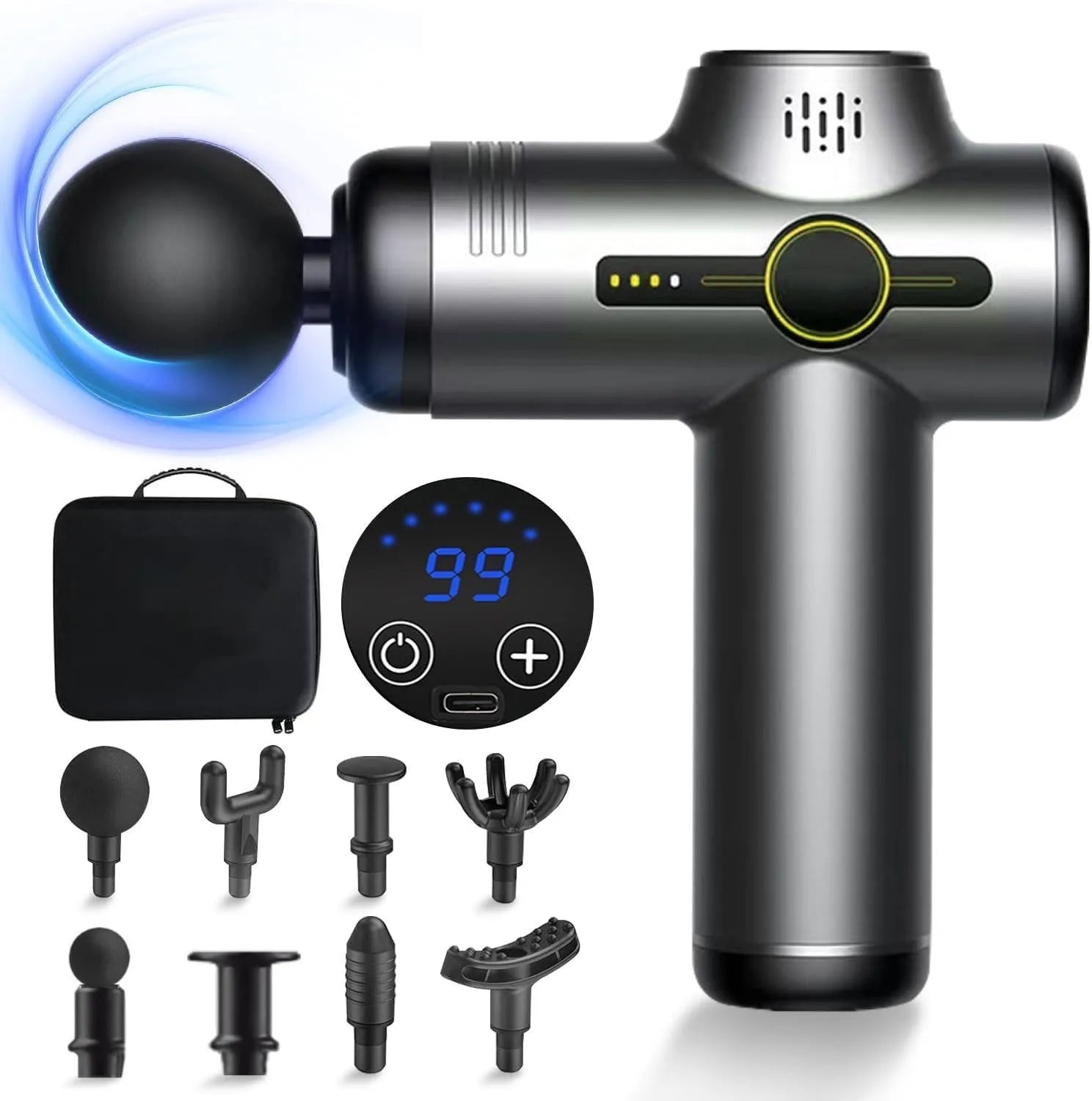 Rechargeable Massage Gun with 99 Adjustable Speeds, 8 Interchangeable Massage Heads, Handheld Massager for Muscle Pain Relief