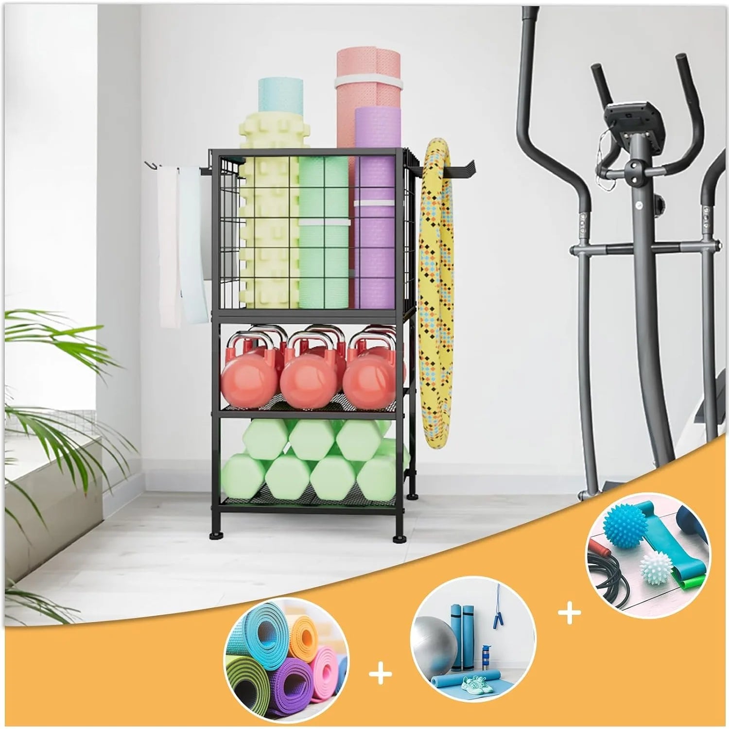 Home Gym Weight Rack with Storage Hooks - Organizer for Dumbbells, Resistance Bands & Yoga Mat
