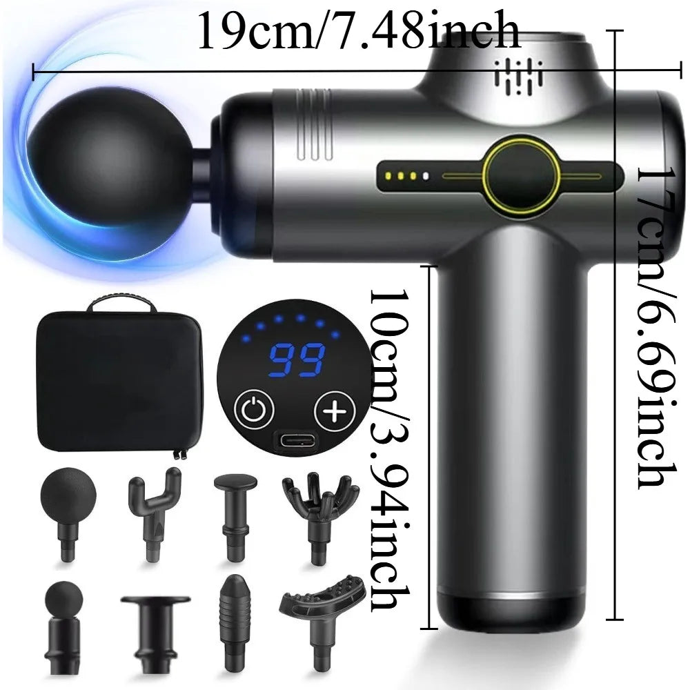 Rechargeable Massage Gun with 99 Adjustable Speeds, 8 Interchangeable Massage Heads, Handheld Massager for Muscle Pain Relief