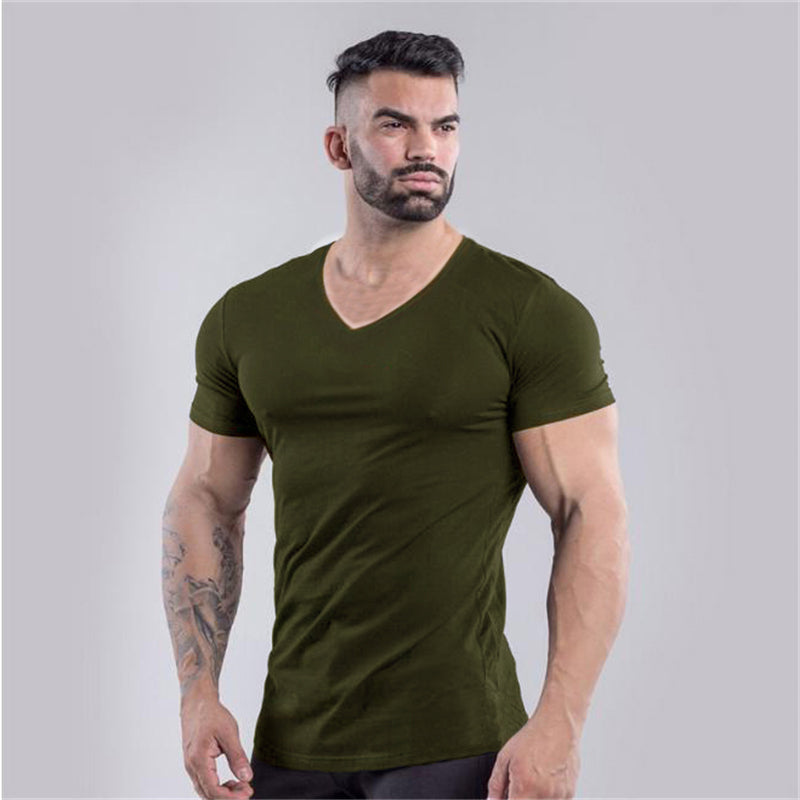 Plain Cotton Gym T-shirt Men Summer Fitness Clothing V-Neck Short Sleeve T shirt Slim Fit Tshirt Bodybuilding Workout Tees Tops