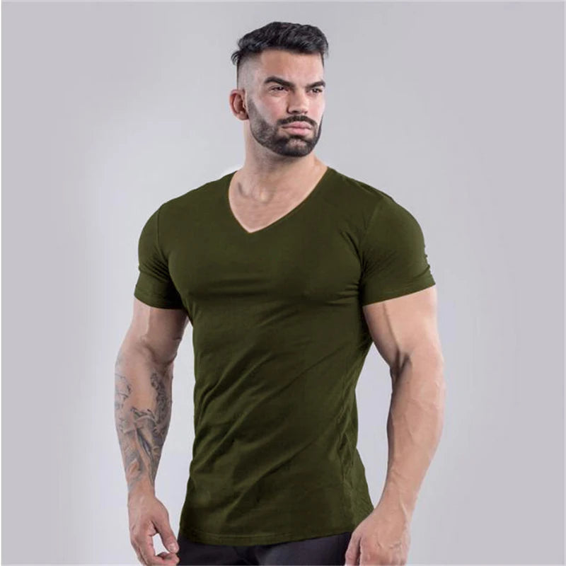 Plain Cotton Gym T-shirt Men Summer Fitness Clothing V-Neck Short Sleeve T shirt Slim Fit Tshirt Bodybuilding Workout Tees Tops