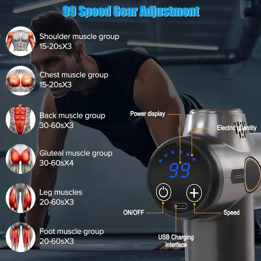 Rechargeable Massage Gun with 99 Adjustable Speeds, 8 Interchangeable Massage Heads, Handheld Massager for Muscle Pain Relief